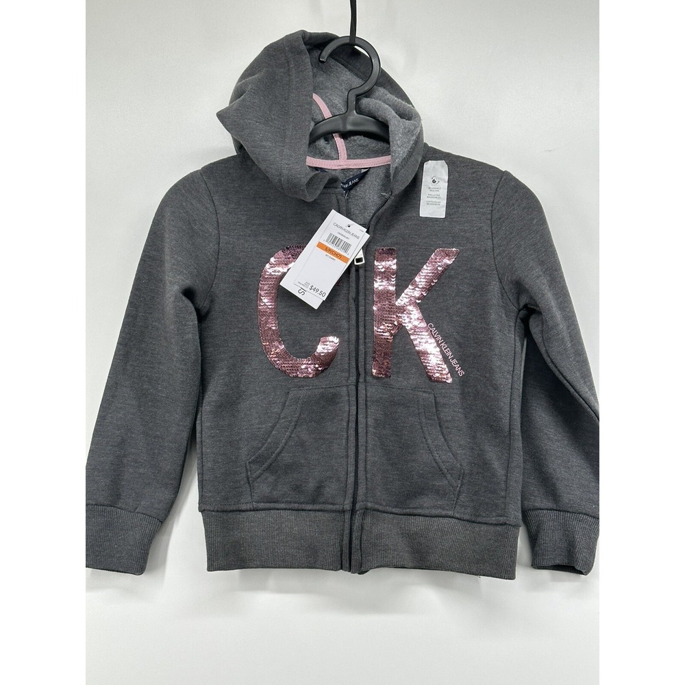 Calvin Klein Sequin‎ logo CK Full Zip Hoodie Girls hearher charcoal flip Size S